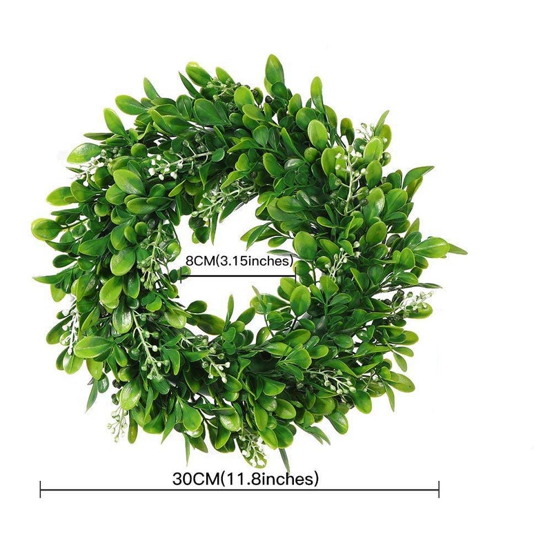 LSKYTOP 11" Boxwood Wreath with Artificial Wreath Green Leaves Door Wall Window Decoration - Image 2
